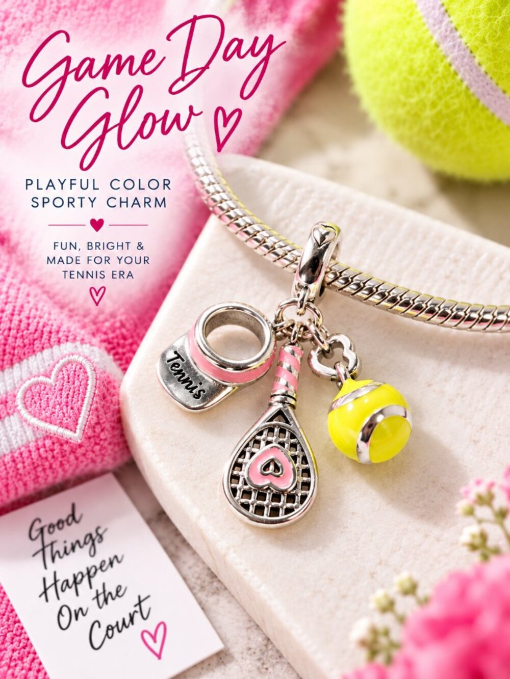 Tennis Charm Bracelet Charm Racket Ball Visor Pink Yellow Sports Jewelry Gift